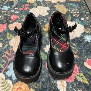 Black Mary Jane Platform Shoes with Plaid Interior